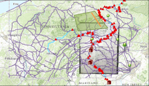 My GIS map of the Powell Diary. Here you can see the green space that is the Allegheny Mountains, the purple trails that represent that native american paths, the red native american sites, and the faded Georectified Shamkin layer